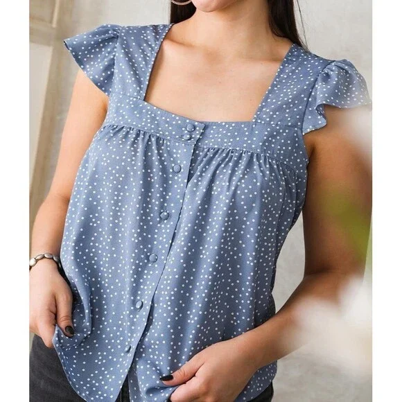 NWT Willow & Root Square Neck Blue/White Polka Dot Flutter Sleeve Blouse- Size M - Picture 3 of 10